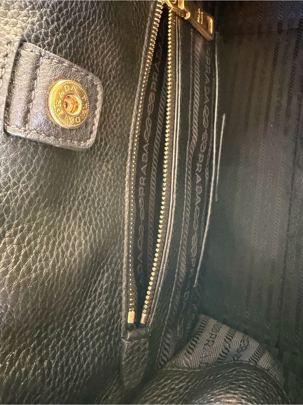 Prada Black Pebbled Leather Satchel with Front Zip Pocket
